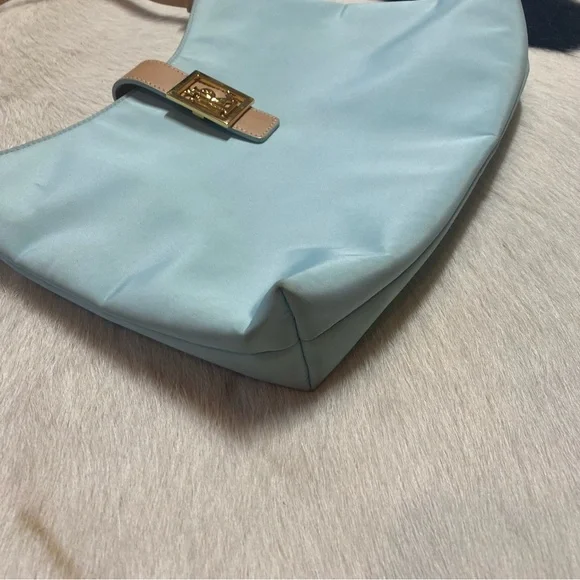 Lauren Ralph Lauren Turquoise Nylon Tan Leather Shoulder Handbag - Picture 5 of 9